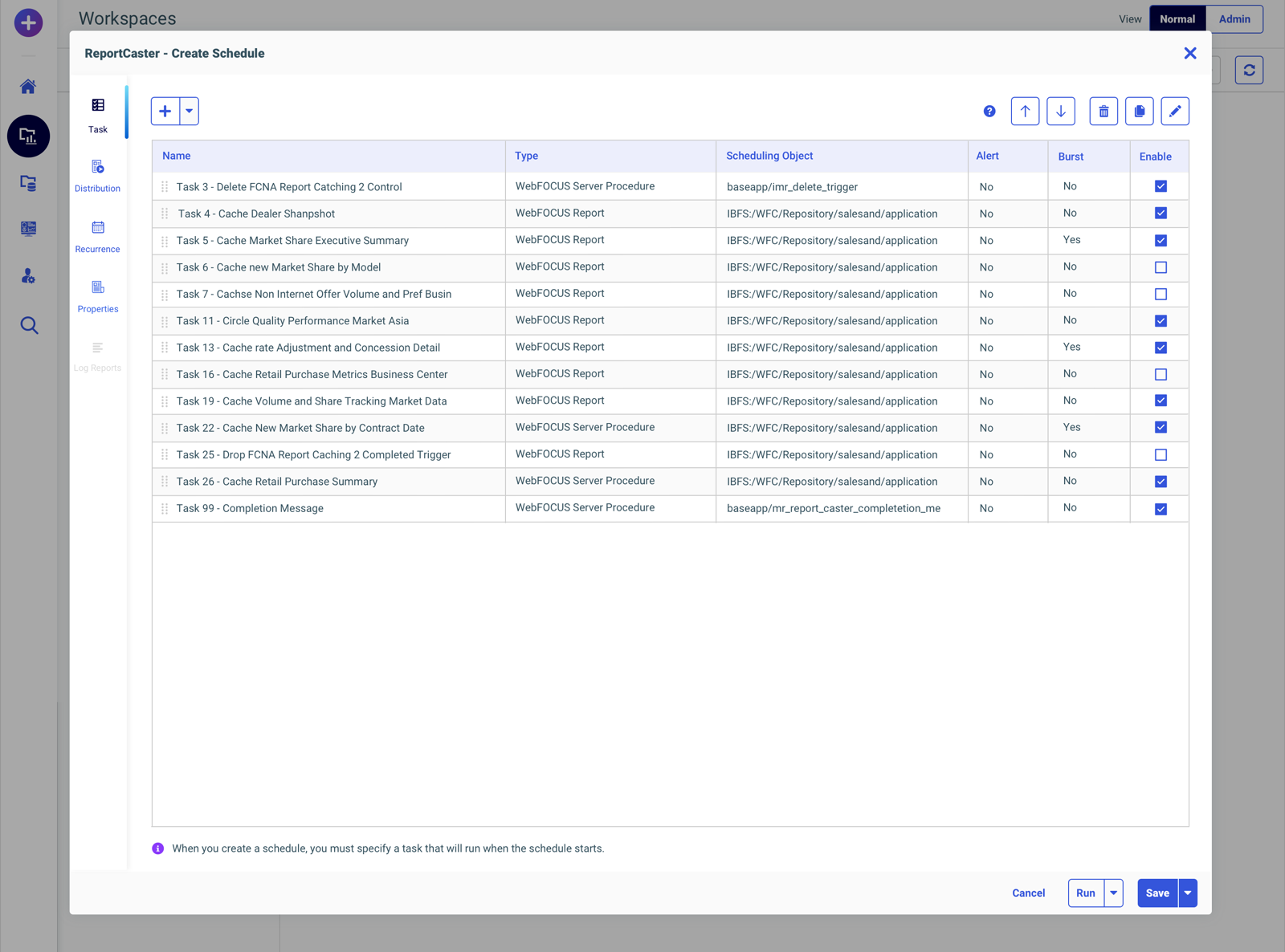 The redesigned ReportCaster Create Schedule modal — its tab rail and the Cancel / Save / Run actions with dropdown options